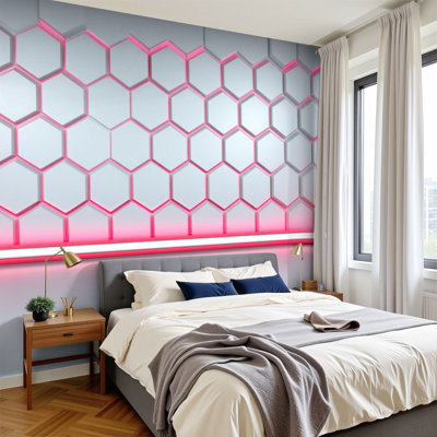 Futuristic 3D Peel and Stick Wallpaper Tech Inspired Control Room Wall White Hexagons Neon Pink Glow Wall Murals 100"H x 144"W Removable PVC Wall Paper Self-Adhesive Wall Decor for Bedroom Living Room Play Room
