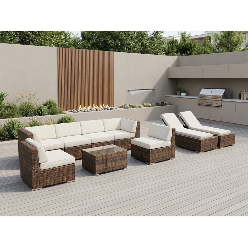 Ensemble de conversation modulaire en rotin avec coussins 9 pièces Barna - aucun assemblage requis, Toile Sunbrella® naturel