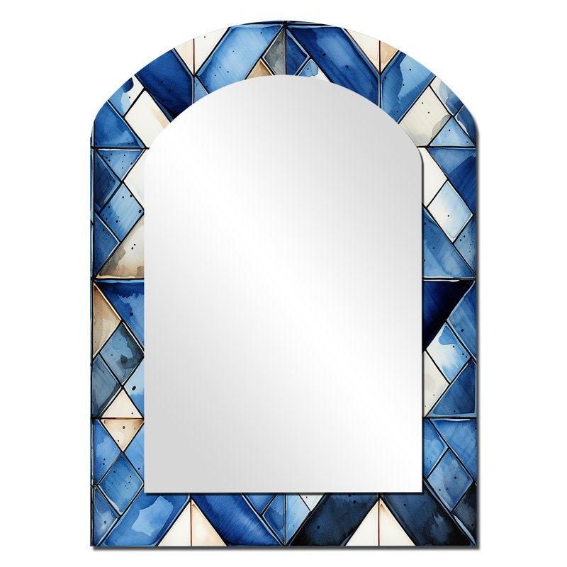 Rustic Cobalt Lattices Elegance - Geometric Arch Large Wall Mirror, Blue Asymmetrical Decorative Mirror, Printed Metal Art