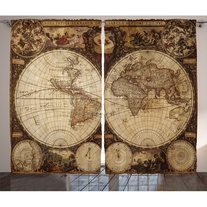 World Map Semi-Sheer Rod Pocket Curtain Panels, 54" x 96"