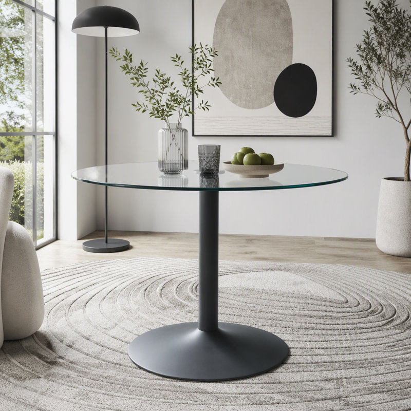 Table de salle à manger ronde en verre trempé avec piètement en métal noir