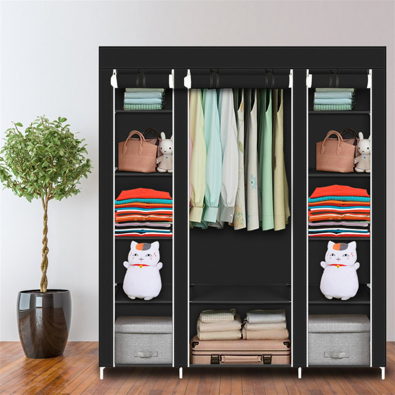 69" Portable Clothes Closet Wardrobe Storage Organizer With Non-woven Fabric Quick And Easy To Assemble Extra Strong And Durable Black