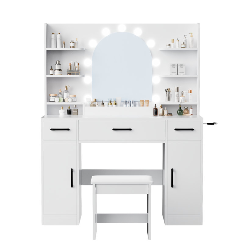 Grand bureau de coiffeuse avec miroir et 10 lumières DEL, 3 tiroirs et 2 tablettes, 3 luminaires réglables pour la chambre à coucher