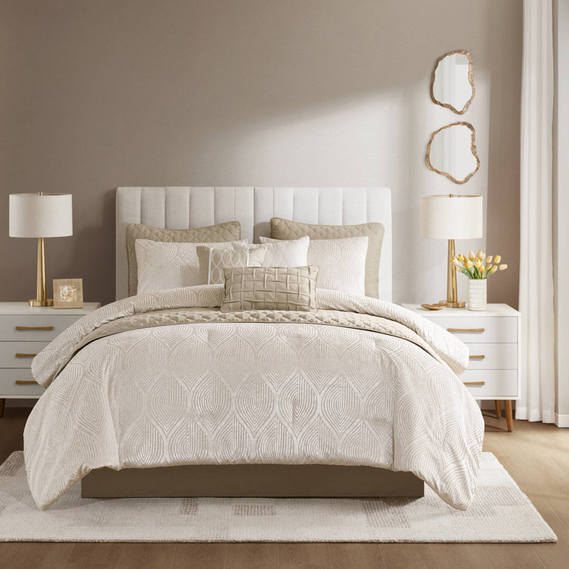 Ensemble d'édredon jacquard 10 pièces Nocturne, Édredon pour très grand lit + 9 pièces supplém, Champagne