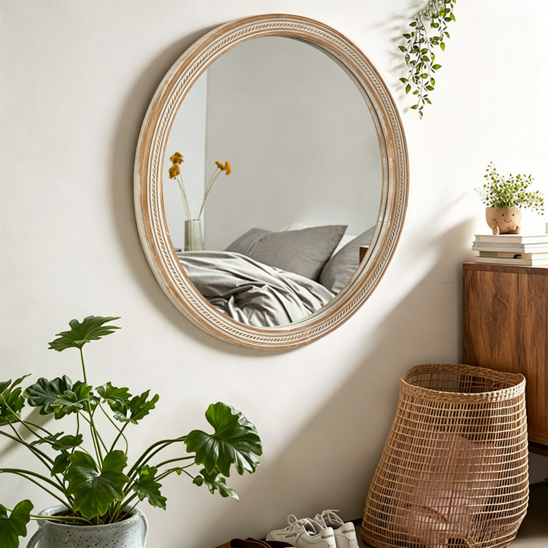 Miroir mural rond de 23,62 po Boho, cadre en bois synthétique texturé en rotin tissé, miroir d'appoint de ferme pour meuble-lavabo, vestibule et salon, fixation murale facile