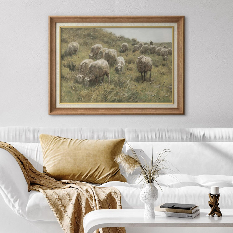 Animals " Sheep Grazing Sage Green Grass ", Natural Framed, No Mat