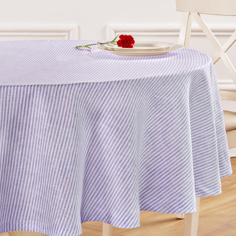 Narrow Stripe - 100% Pure Linen Tablecloth, 60" Round, Lavender/White