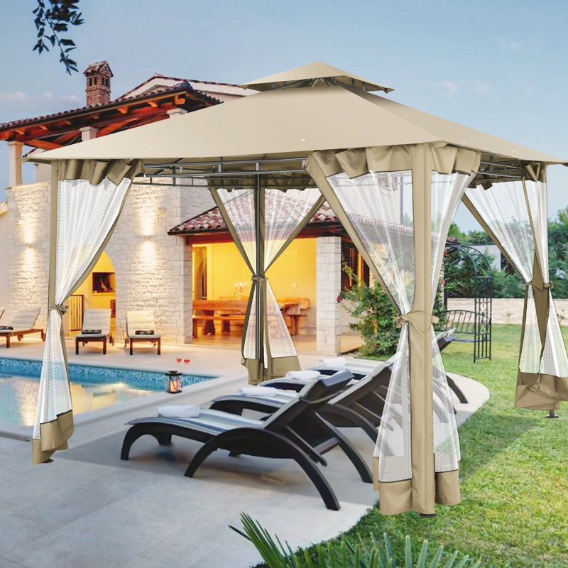 HOTTEL 10'W×10'D Outdoor Gazebo Canopy, Canopy Tent with Mosquito Netting, Khaki