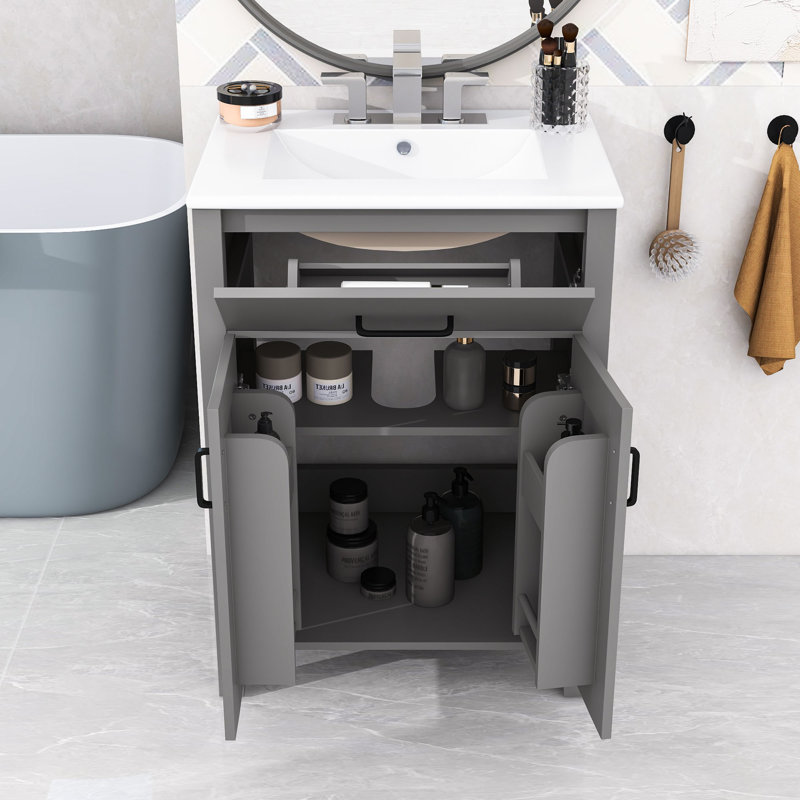 Ensemble de meuble-lavabo simple autoportant avec rangement, lavabo en céramique et poignées dorées Hulstein, Gris