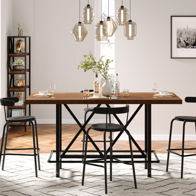 Dining Table For 6 People, Industrial Kitchen Table With Metal Footrest, Counter Height Dinner Table Rectangular Bar Table For Small Space, Apartment