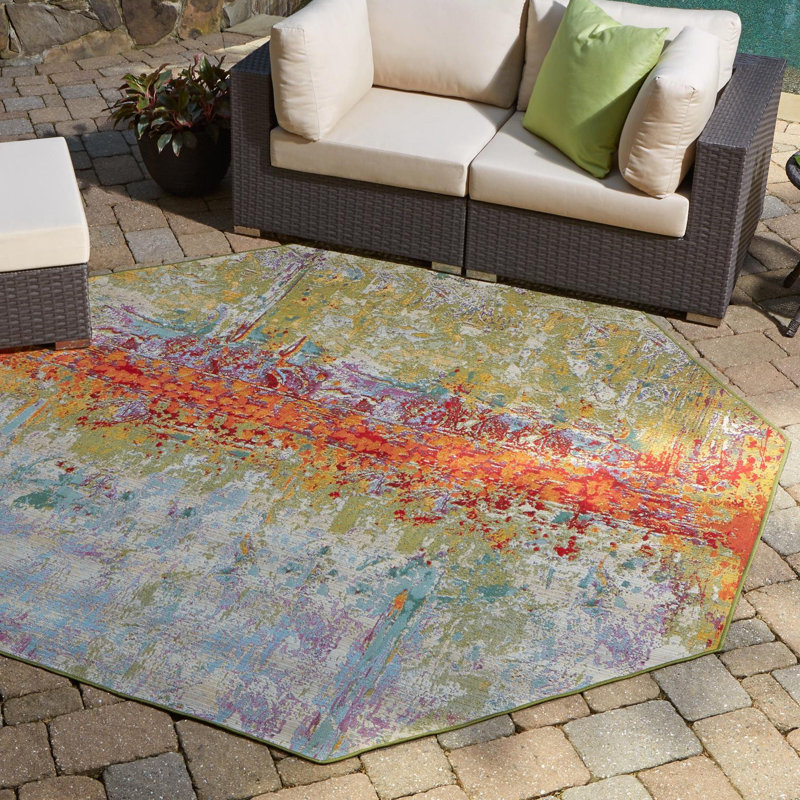 Tapis d'intérieur / extérieur multicolore à motif abstrait Trona, Octogone 7 pi 1 po x 7 pi 1 po