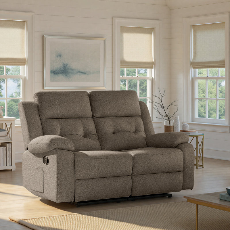 Lounger Reclining Loveseat Wall Hugger Dual Sided,With Side Pocket,Modern Manual Double Sofa-Light Brown