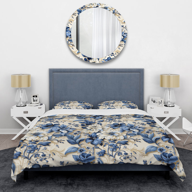 Victorian Blue And White Flowers Damask I - Ensemble de housse de couette en damas