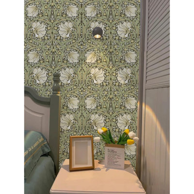 Vintage Floral Wallpaper Peel And Stick Botanical Sage Green/Yellow Wall Murals Home Kitchen Bedroom Decor By William Morris 17.7In X 6.6Ft