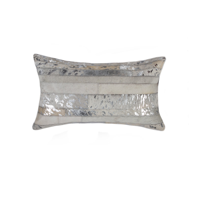  Coussin en cuir de vache, Gris / Argent, 12 po x 20 po
