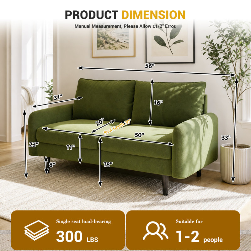 Dotson 58" Velvet Round Arm Sofa Loveseat, Olive Green Velvet