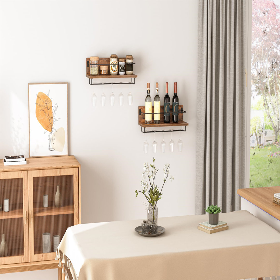 Wall Mounted Wine Rack, Wine Glass Rack Set Of 2, Wine Shelf Hanging Floating Shelves, Wine Bottle Glass Rack Stemware Holder, For Living Room, Kitche