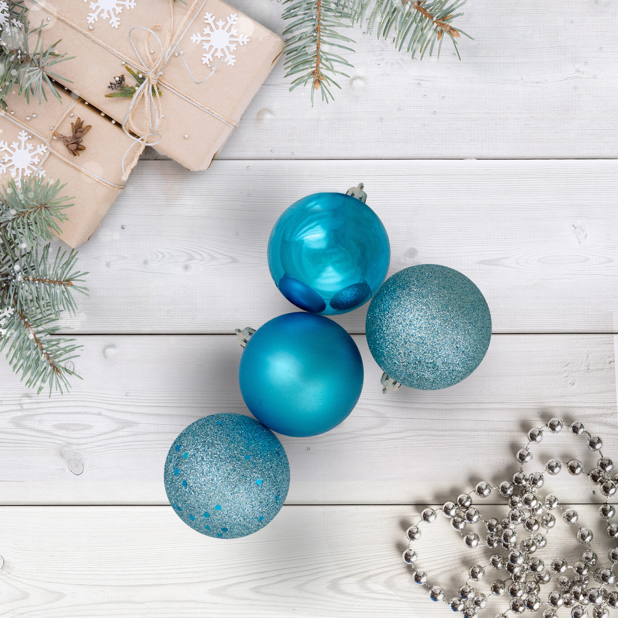 24ct Shatterproof 4-Finish Christmas Ball Ornaments, Turquoise Blue