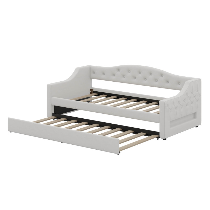 Upholstered Twin XL Size Daybed With LED Belt And Trundle, Beige
