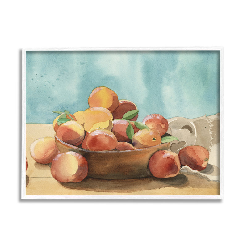Ba-993 - «Kitchen Peaches Still Life» encadré sur bois par Alicia Longley, peinture, Giclée encadrée blanc bord de mer