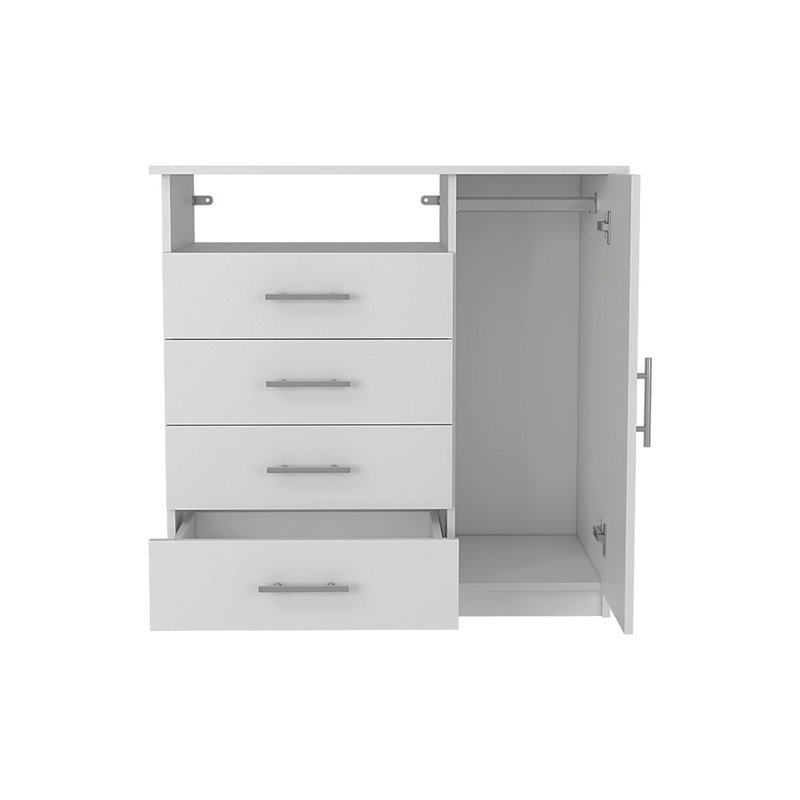 Commode 4 tiroirs, 1 tablette ouverte, plateau supérieur, armoire à une porte, blanc, Blanc