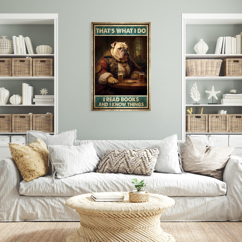 Bulldog I Read Boks - 1 Piece Rectangle Graphic Ar " Bulldog I Read Boks - 1 Piece Rectangle Graphic Art Print On Wrapped Canvas "