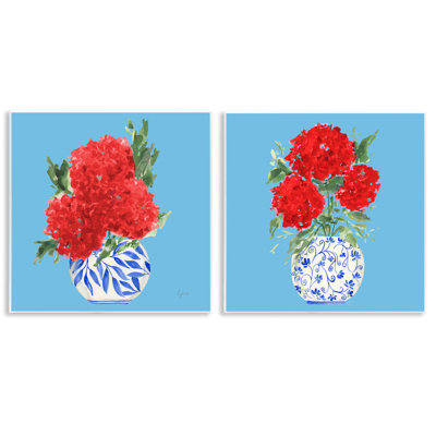 Ensemble de 2 plaques murales hortensias rouge vif et bleu, design par Lucille Price