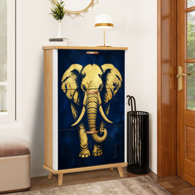 Minimalist Golden Elephant Dark Blue Shoe Storage Cabinet with 3 Flip Drawers Freestanding Shoe Rack Organizer Space Saving Footwear Storage Furniture for Entryway Hallway Bedroom Small Apartment Home Use
