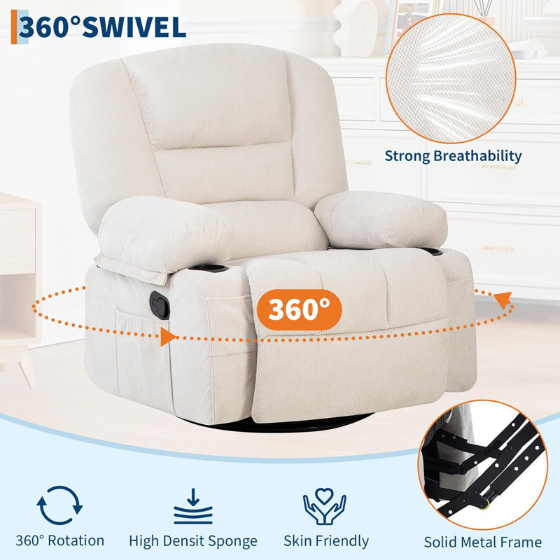 Massage Rocking Recliner Chair with Vibration and Heat, 360° Swivel Chenille Rocker Chairs for Living Room, Home Theater Seating with Cup Holders & Side Pocket for Adults, Living Room, Bedroom, White