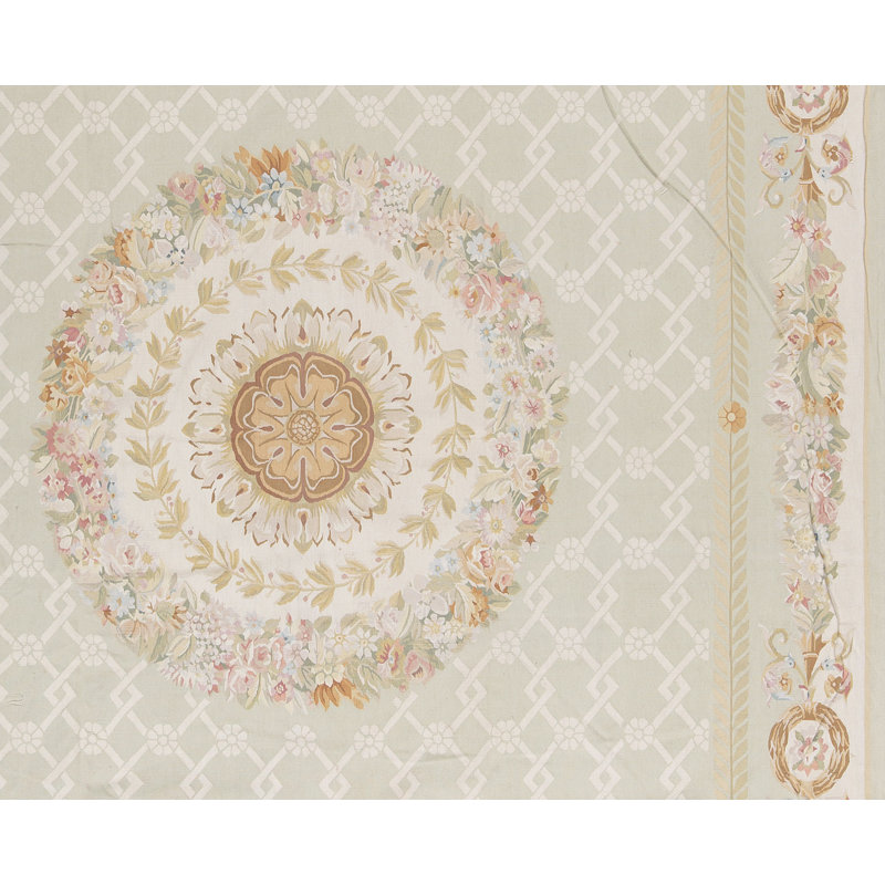 Hand-Knotted High-Quality Green and Ivory Area Rug