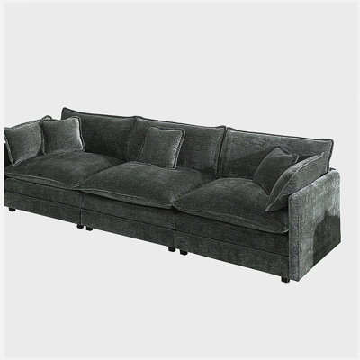 Canapé 3 places de style Mid-Century avec 2 accoudoirs et 3 coussins décoratifs, canapé pour salon gris chenille