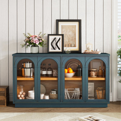 Grande armoire de rangement à 4 portes avec portes en verre, armoire arquée avec tablettes réglables pour la cuisine, la salle à manger et le salon (bleu marine)