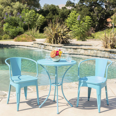 3 Pc Kd Metal Bistro For Outdoor Use, Blue. Powder Coated Iron, Robust. Chair: 18/30" H X 16.25/20" W 16.25/20.5" D. Table: 30" 24.41" D In Blue Color - 30"x24.41"x24.41" Table And Two Chairs, Water-