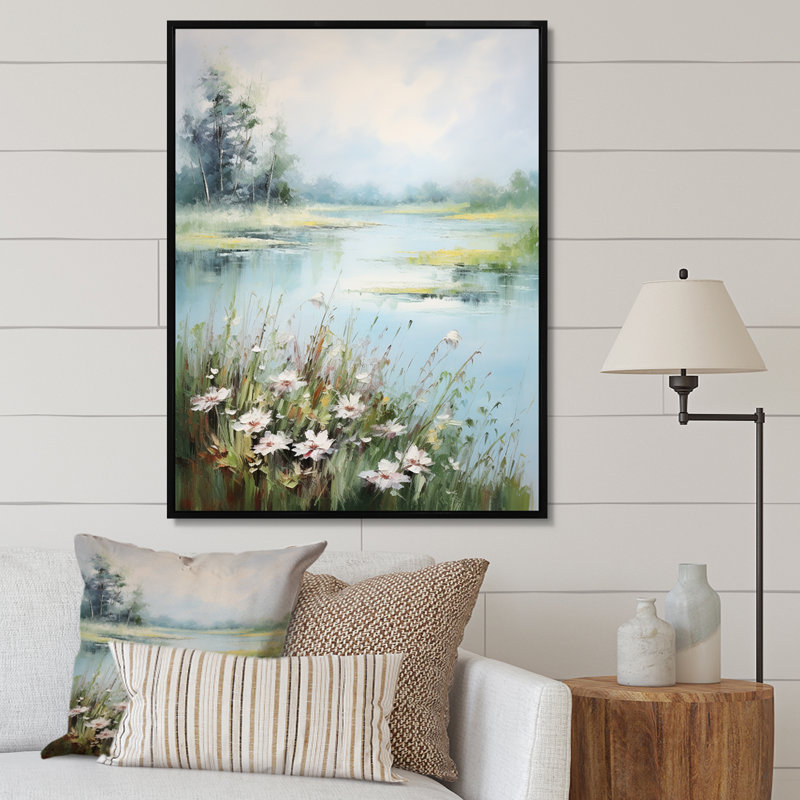 «Meadow Tranquil Waters III», art mural sur toile à motif floral, H 20 po x l 12 po x P 1 po, Cadre flottant noir