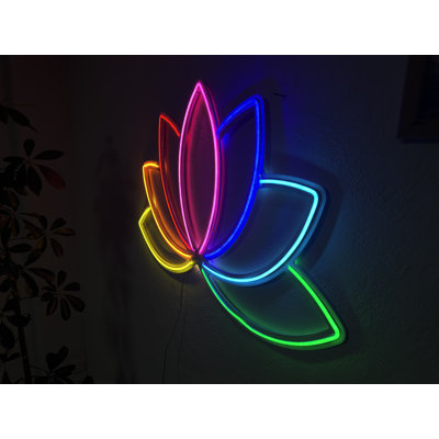 Enseigne néon en métal fleur de lotus, décoration murale néon, décoration de bureau à domicile, signe mural de yoga, décoration murale de salon, art mural de décoration de chambre (petit avec télécommande)