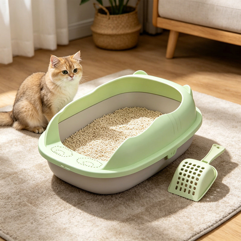 Bac à litière semi-fermé pour chat avec pelle, vert, Vert