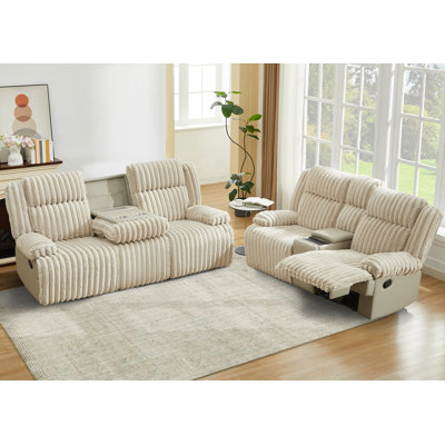 Ensemble de canapé et causeuse inclinables 2 pièces avec console rabattable, chargement USB / type-c et porte-gobelets - gris / beige
