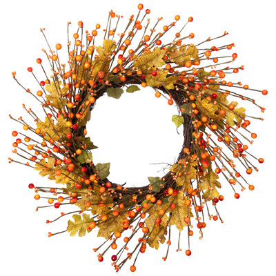 Orange Berries And Yellow Leaves Fall Harvest Artificial Wreath  22"