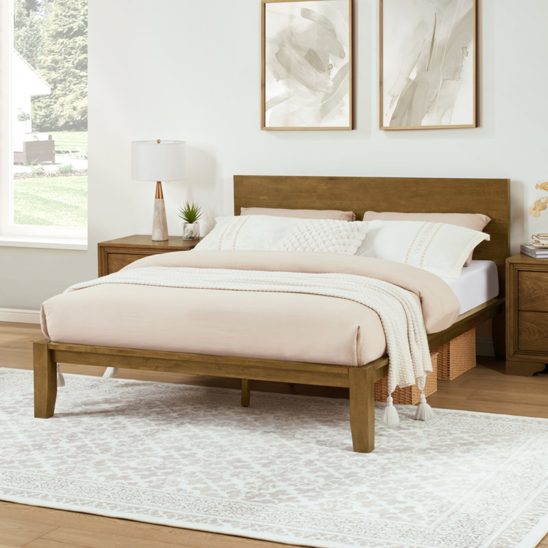 Japanese Joinery Craft Solid Wood Platform Bed with Integrated USB Charging, Walnut, Queen
