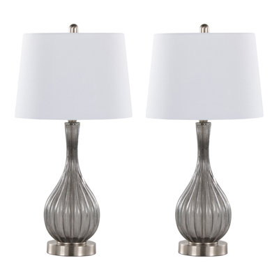 Jenny 27" Contemporary Glass Table Lamp in Clear Smokey Crackle Glass, Brushed Nickel and White Linen Shade from Grandview Gallery  - Set of 2