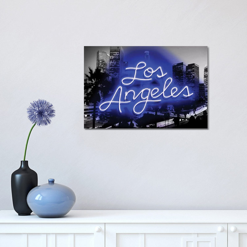 Neon Los Angeles Blueon Black by Hailey Carr - Wrapped Canvas Print, 30.48cm H x 45.72cm W x 1.9cm D