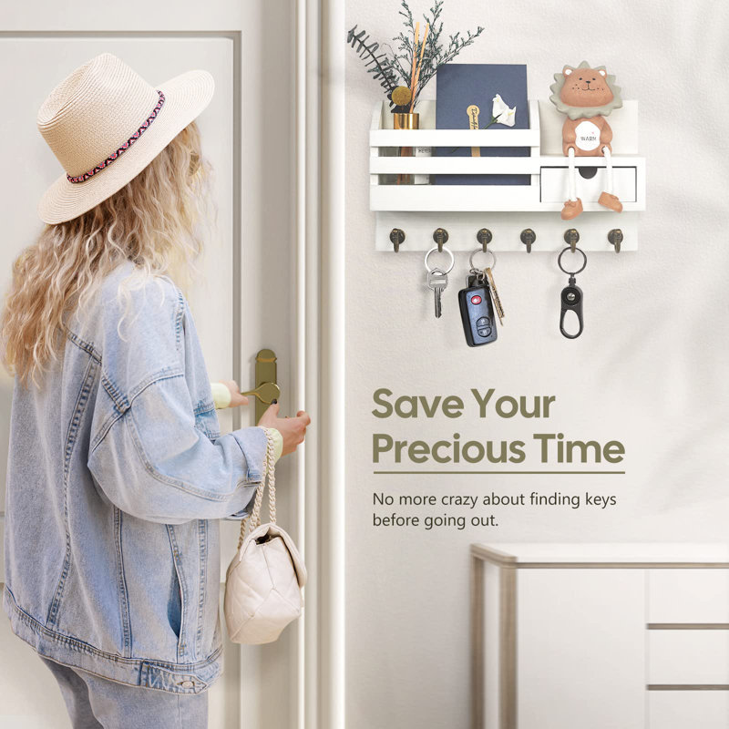 White Wooden Wall-Mounted Key and Mail Organizer with Drawer