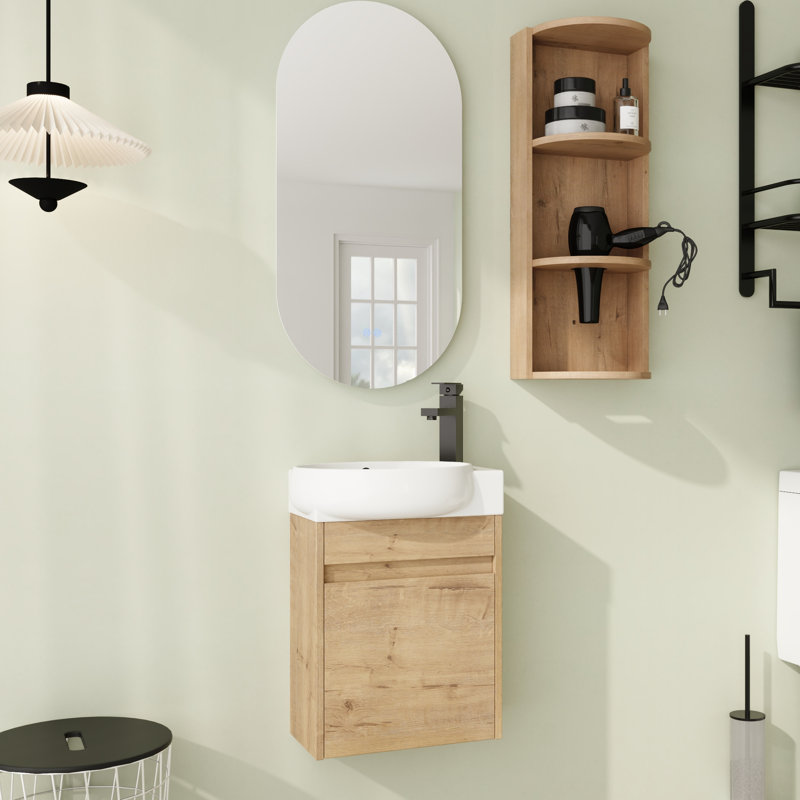 Ensemble de meuble-lavabo mural simple 16 po avec plateau en céramique et portes à fermeture douce, Brun