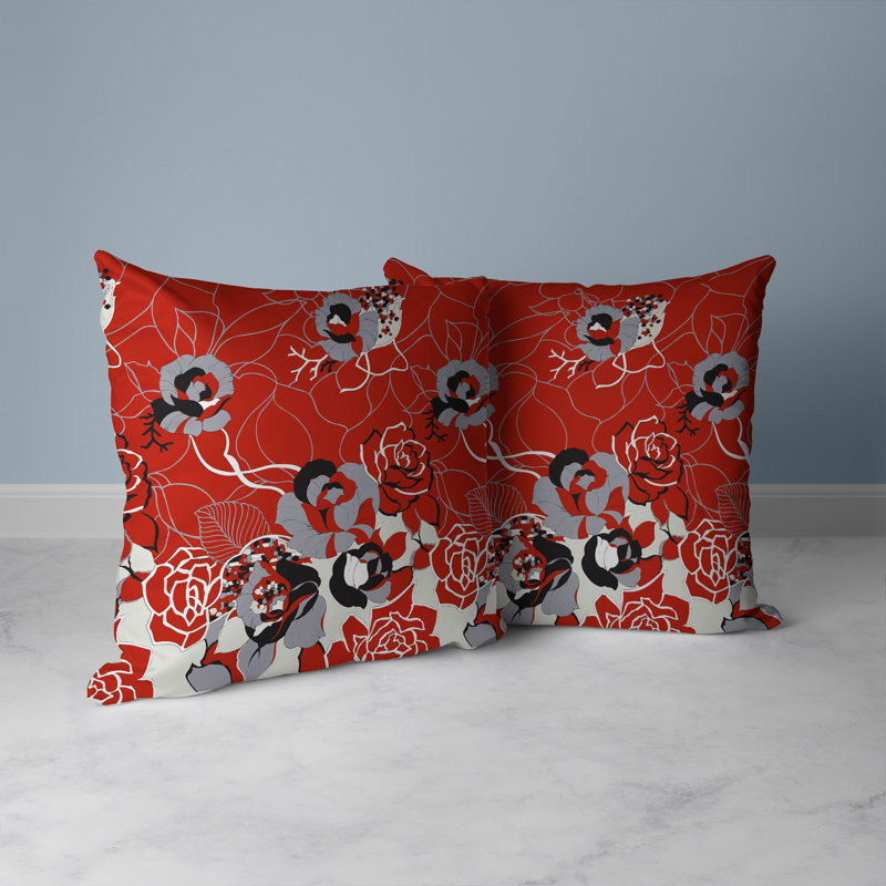 Red and Gray Floral Faux Suede Throw Pillow 16" x 16"