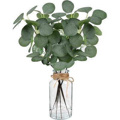 14" Faux Eucalyptus Stems In Glass Vase Set Of 6