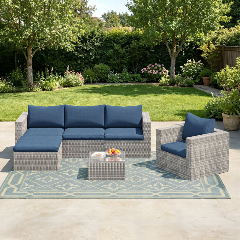 Ensemble de conversation modulaire en rotin avec coussin 6 pièces Baecher (entièrement assemblé), Bleu acier / gris clair
