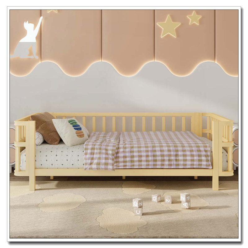 lit plateforme double en bois avec garde-corps, Naturel, Lit simple