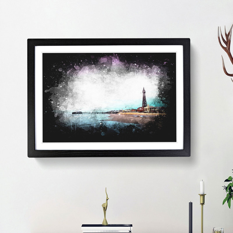 Blackpool Tower and Beach - Picture Frame Painting Print, 45cm H x 63cm W x 2cm D, Black Framed