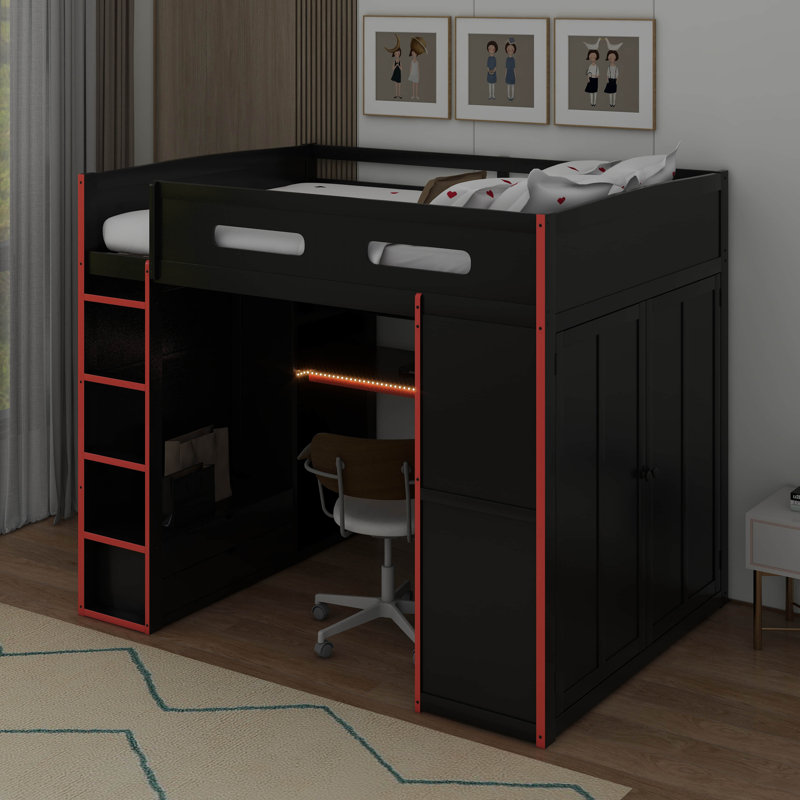 Lit mezzanine double en bois avec bureau, garde-robe, grand espace de rangement et lumière DEL RVB, Rouge