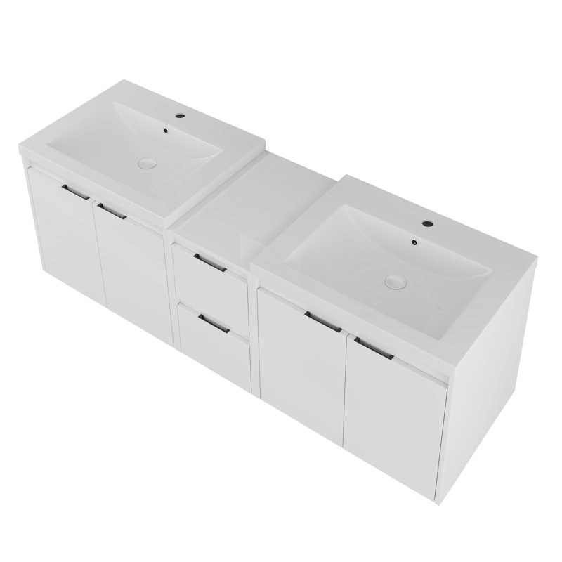 Meuble-lavabo de 60 po avec lavabo en résine, portes à fermeture douce et armoire à 1 côté, montage flottant, blanc brillant, contreplaqué (emballage KD) - 24 po x 2 + 12 po